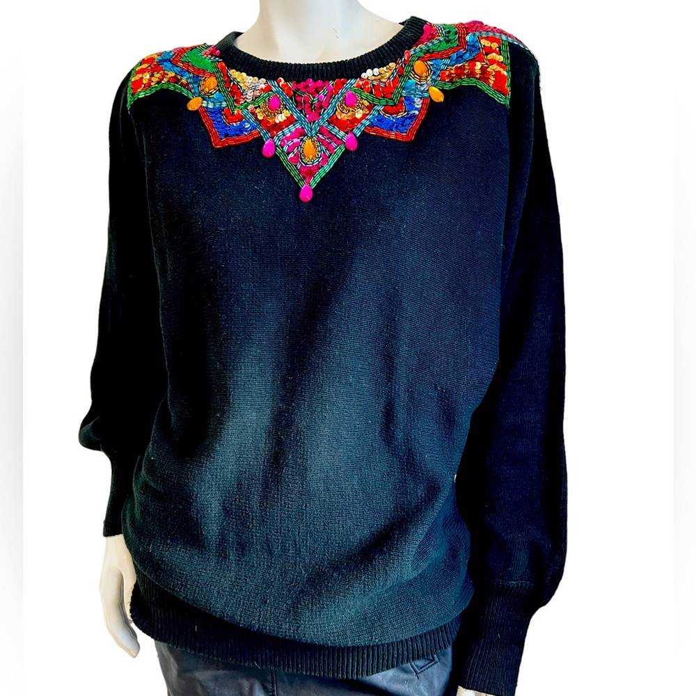 SML  Brand Sport LTD Black Sweater  Sequins Excellent Cond. Christmas Circa 1991